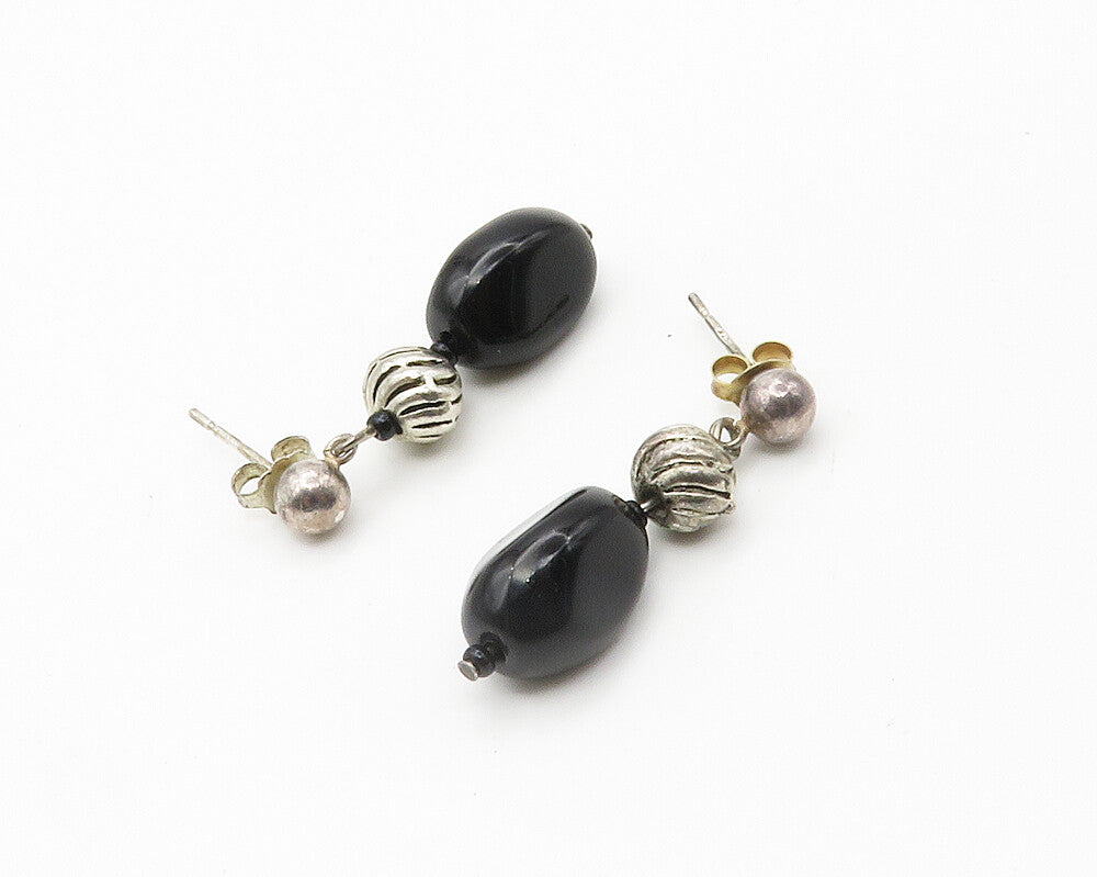 925 Sterling Silver  Vintage Black Onyx Bead Linked Dangle Earrings  EG7399