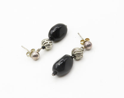 925 Sterling Silver  Vintage Black Onyx Bead Linked Dangle Earrings  EG7399