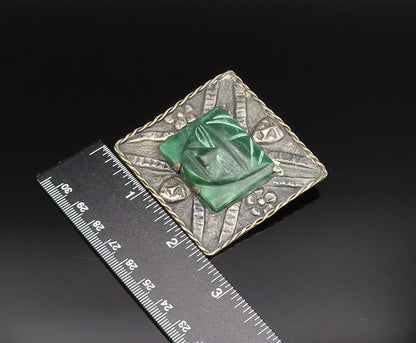 925 Silver  Vintage Antique Carved Malachite Theater Mask Brooch Pin  BP9777