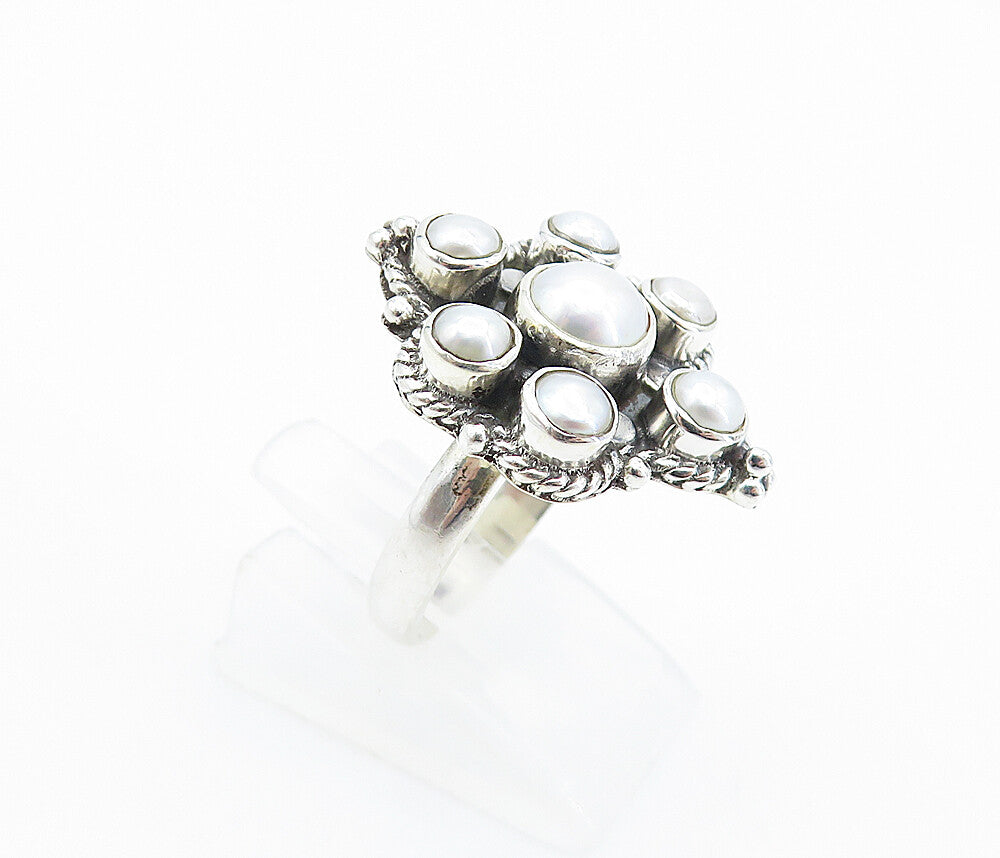 925 Sterling Silver  Freshwater Pearls Floral Cocktail Ring Sz 6.5  RG7827