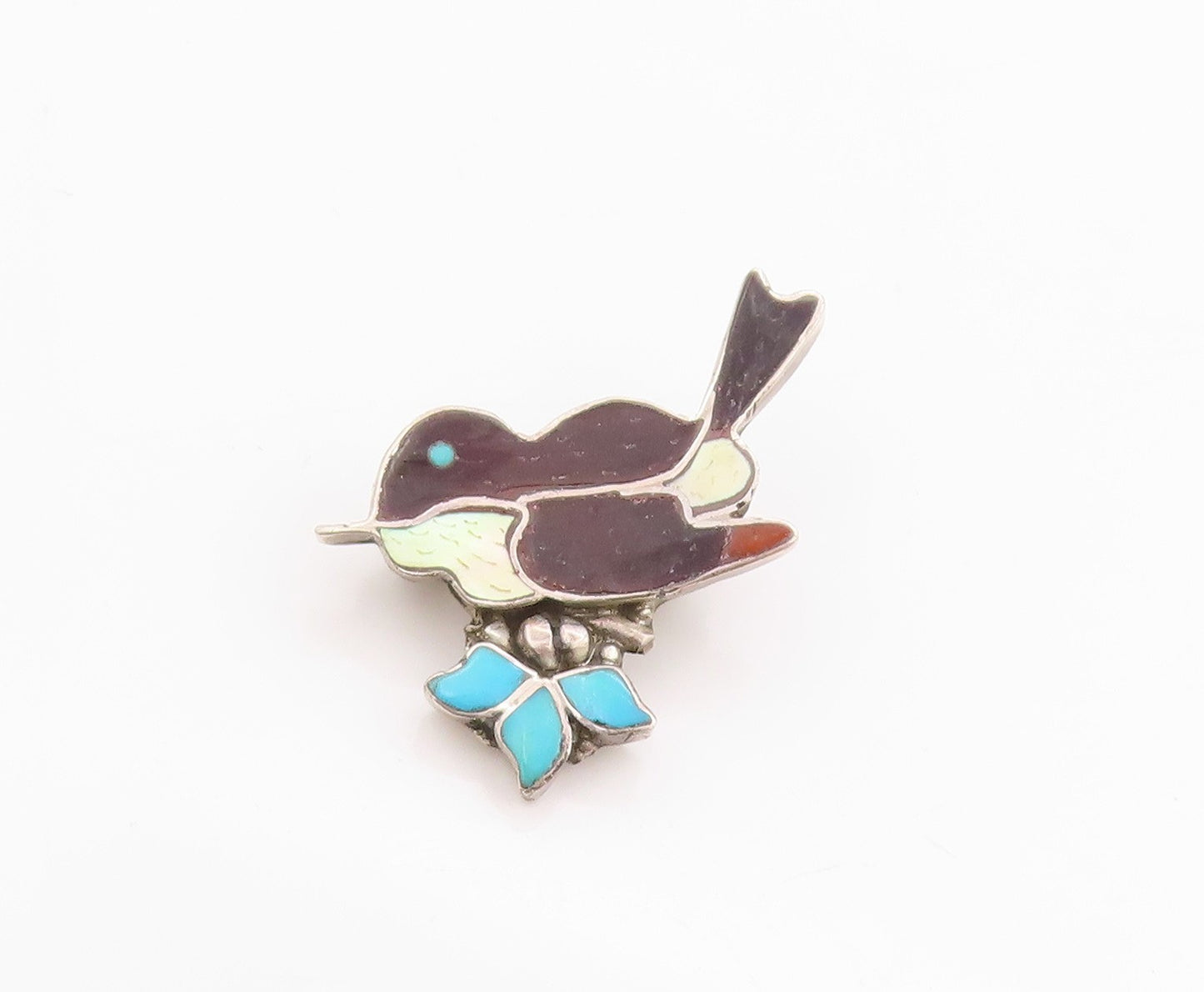 925 Sterling Silver Vintage Brooch NAVAJO ZUNI Turquoise Enameled Bird  BP11821