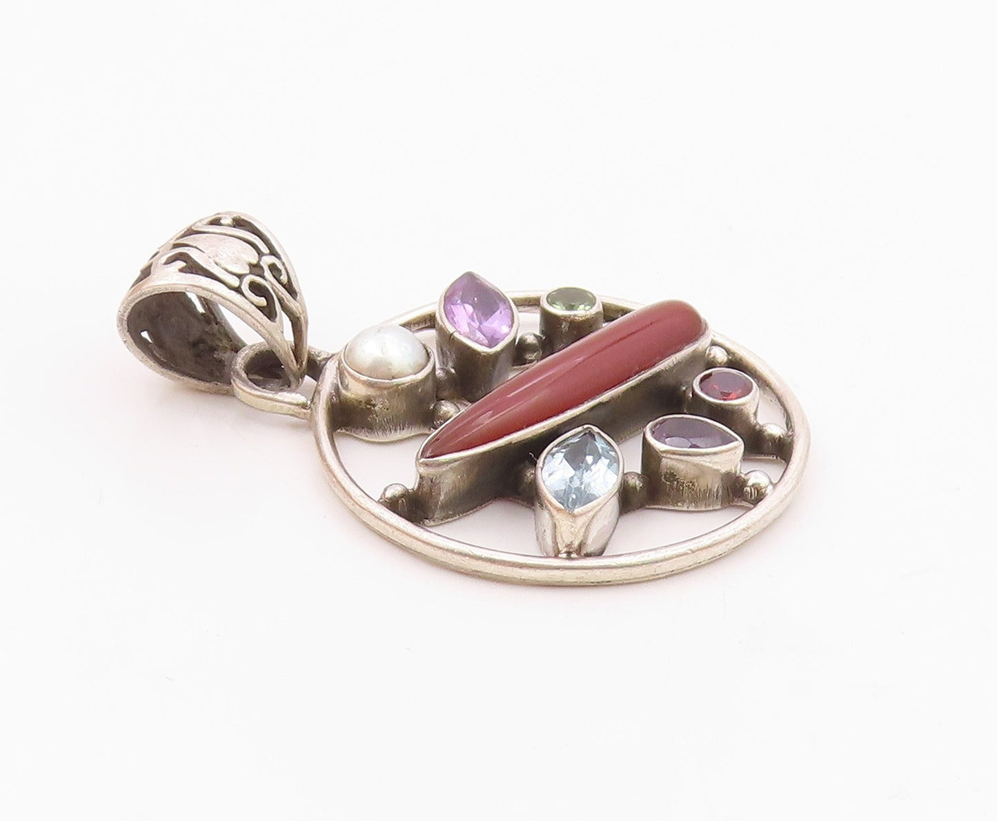925 Silver Vintage Pearl Carnelian Amethyst & Multi Stone Pendant PT15285