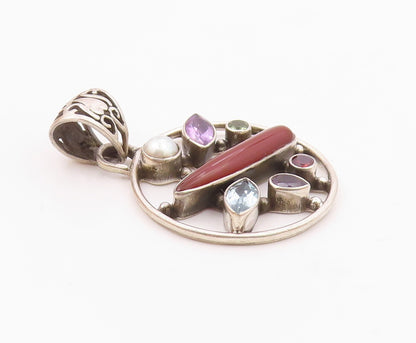925 Silver Vintage Pearl Carnelian Amethyst & Multi Stone Pendant PT15285