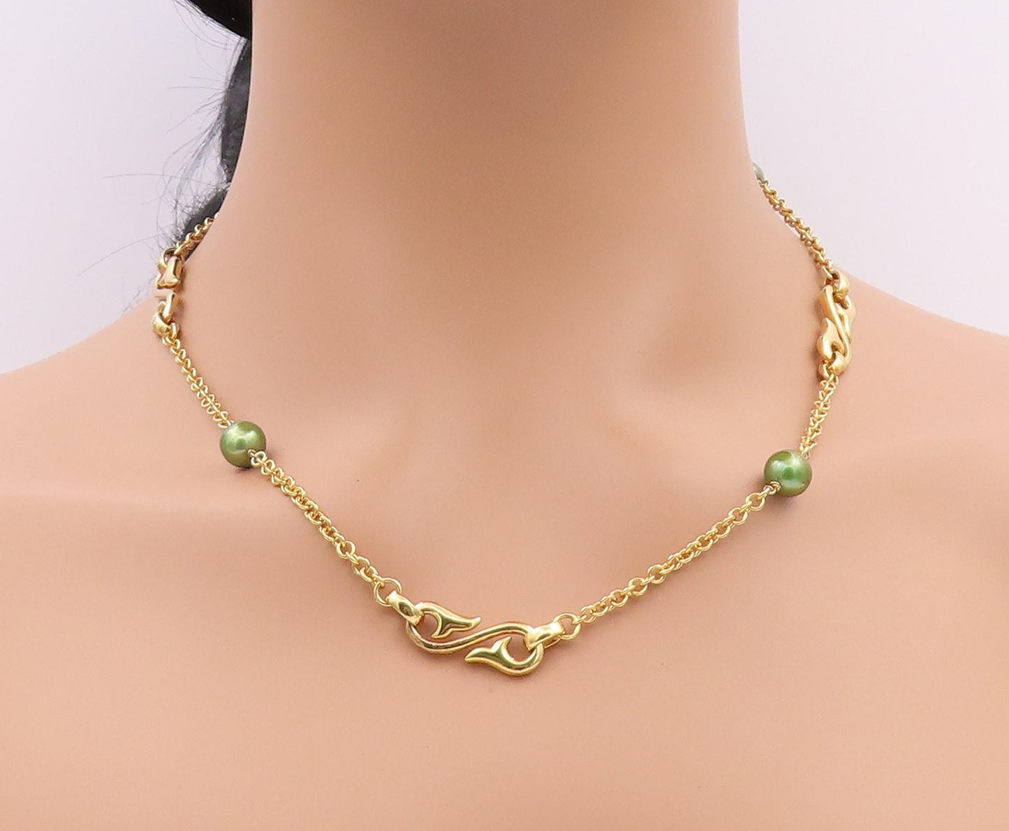 925 Sterling Silver Vintage Necklace Gold Plated Minimalist Green Pearls NE4507