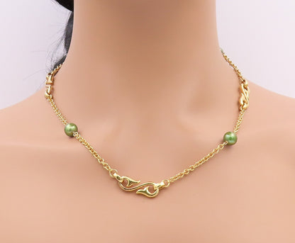 925 Sterling Silver Vintage Necklace Gold Plated Minimalist Green Pearls NE4507