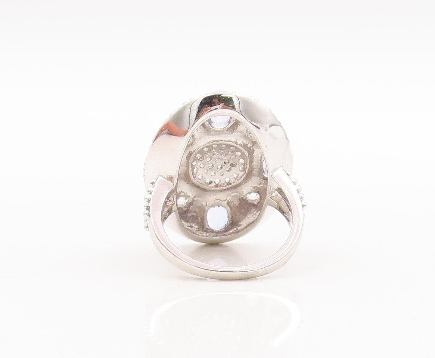 925 Sterling Silver Vintage Ring Large Oval Sapphire & CZ Inlay  Sz 7  RG29557