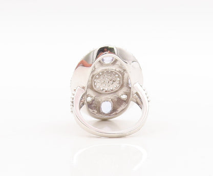 925 Sterling Silver Vintage Ring Large Oval Sapphire & CZ Inlay  Sz 7  RG29557
