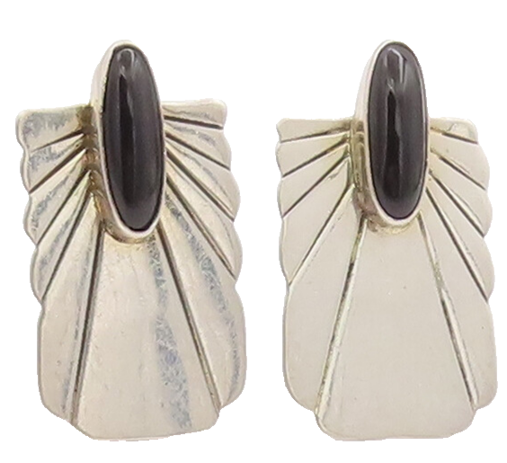 925 Sterling Silver Vintage Earrings NAVAJO Fan Shape Carved Oval Onyx  EG13023
