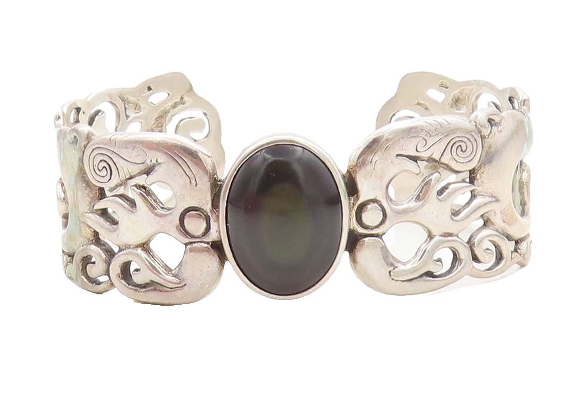 925 Sterling Silver  Vintage Black Agate Modernist Swirl Cuff Bracelet  BT2155