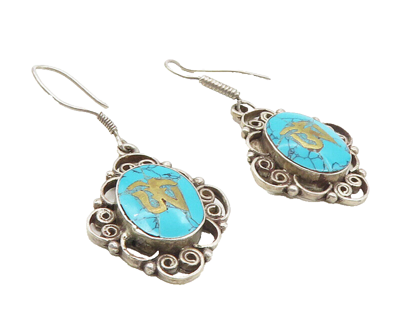 925 Sterling Silver  Vintage Turquoise Om Spiritual Symbol Earrings  EG5115
