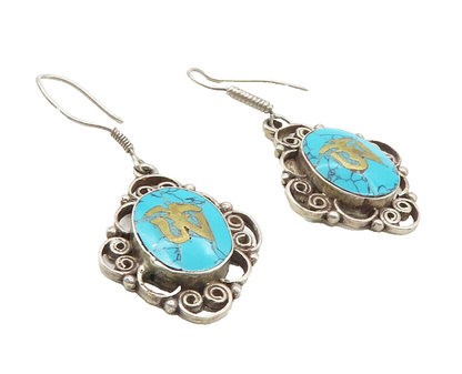 925 Sterling Silver  Vintage Turquoise Om Spiritual Symbol Earrings  EG5115