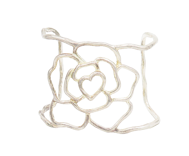 925 Sterling Silver  Vintage Shiny Flower Outline Cuff Bracelet  BT7569