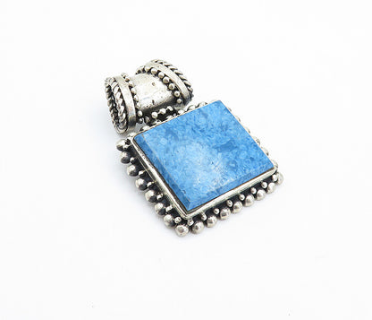 925 Sterling Silver  Vintage Blue Jasper Bubble Border Square Pendant  PT4286