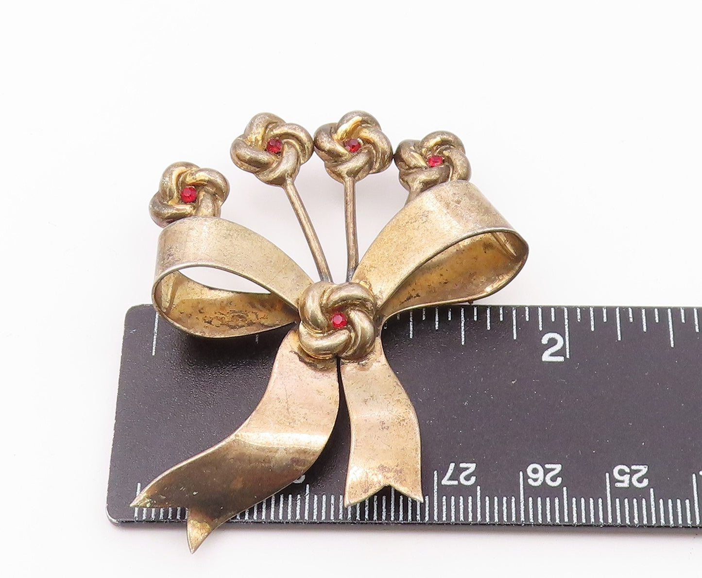 925 Sterling Silver  Vintage Red Topaz Floral Ribbon Bow Brooch Pin  BP4867