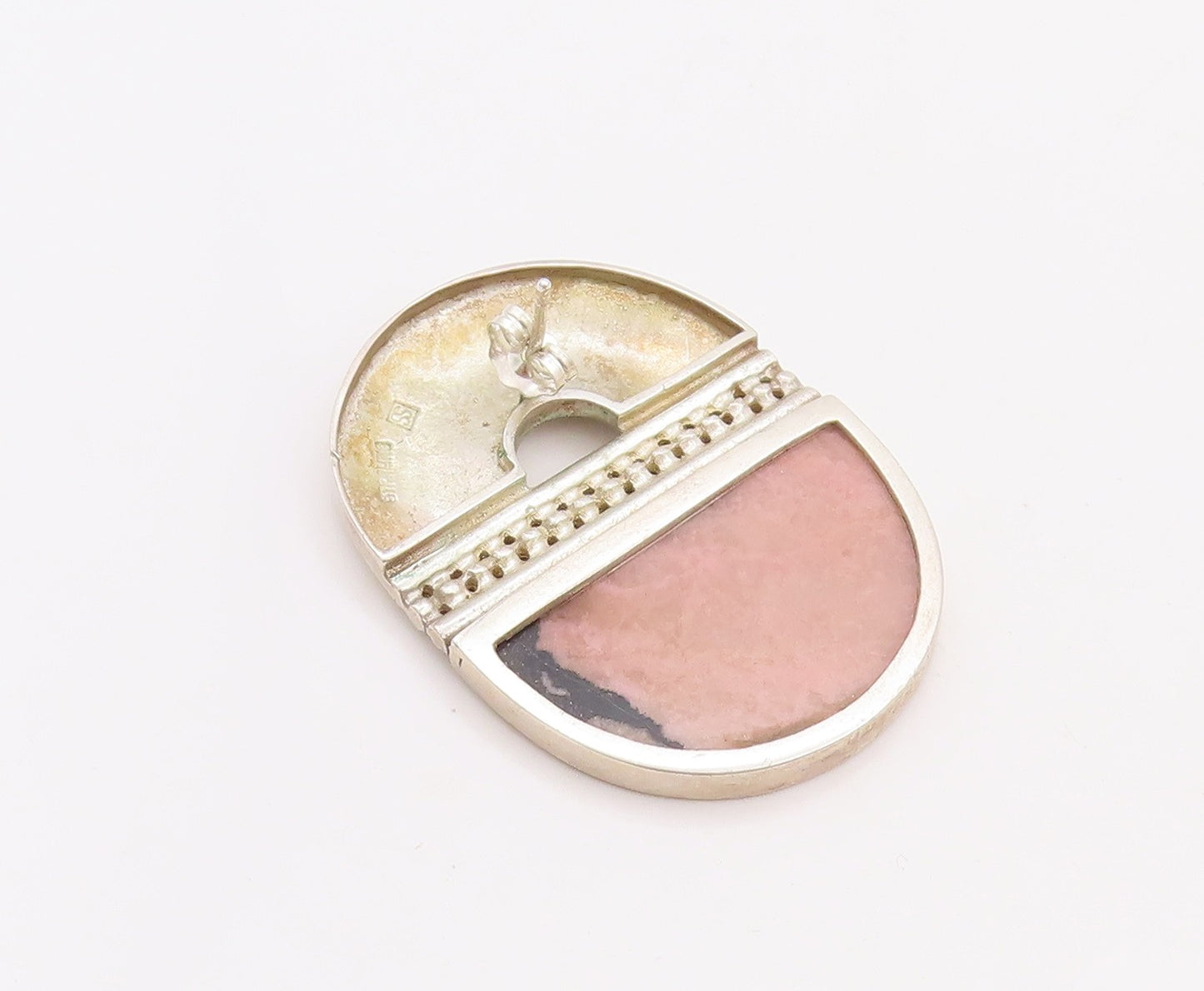 925 Sterling Silver Vintage Earrings Designer Carved Pink Black Gemstone EG12964