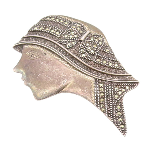 925 Sterling Silver Vintage Brooch Pin Marcasite Classic Women Profile  BP12414