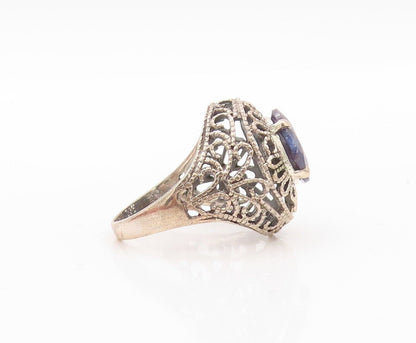 925 Sterling Silver Vintage Ring Floral Cutout Oval Sapphire  Sz 8  RG30204