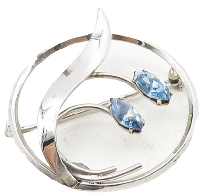 LAMODE 925 Sterling Silver  Vintage Blue Topaz Shiny Floral Brooch Pin  BP4130