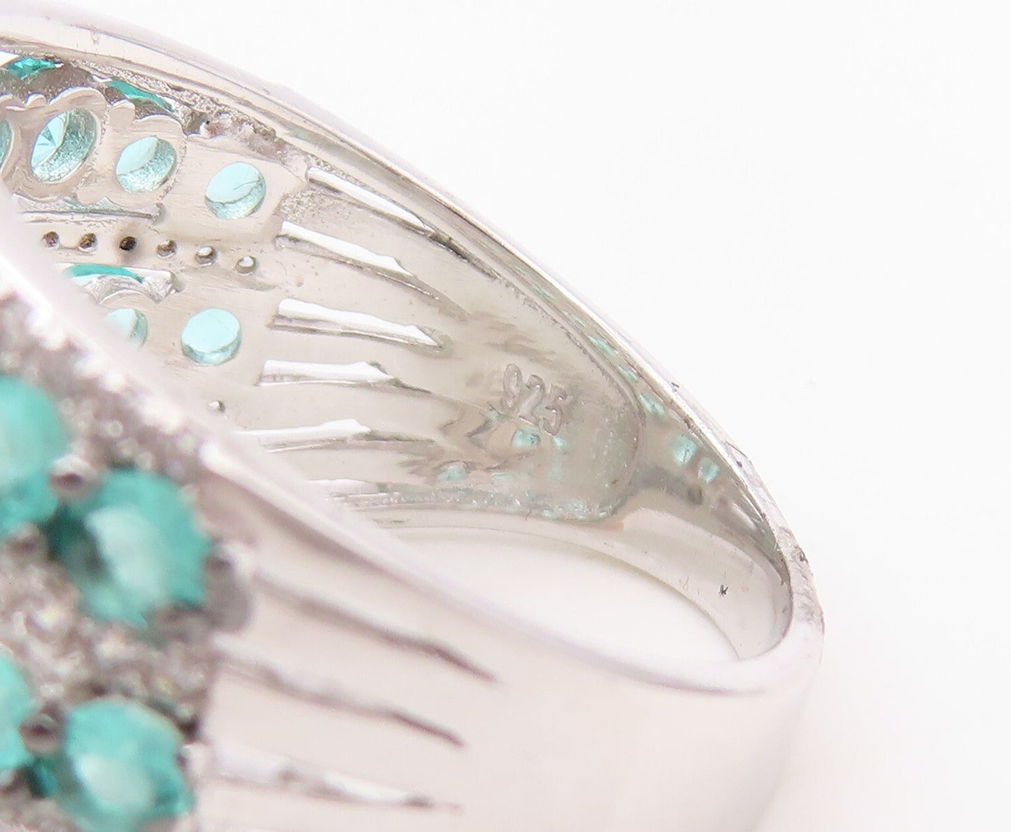 925 Sterling Silver Vintage Ring Designer Aqua & White CZ Bands  Sz 8.5  RG30150