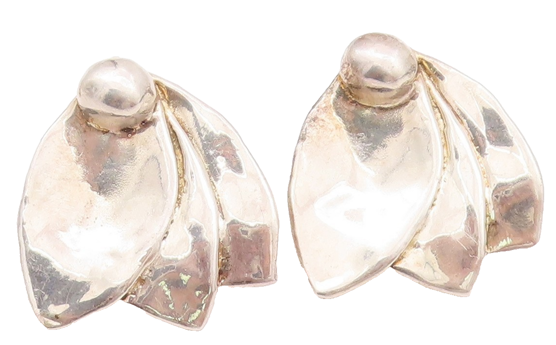 925 Sterling Silver Vintage Earrings Designer Large Puffed Leaves  EG13660