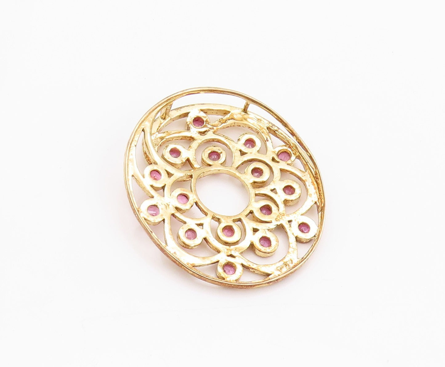 925 Sterling Silver Vintage Pendant Gold Plated Ruby Flower Cutout  PT24036
