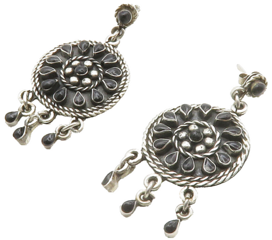 MEXICO 925 Sterling Silver  Vintage Black Onyx Floral Dangle Earrings  EG6810