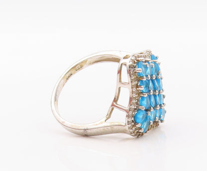 925 Sterling Silver Vintage Ring Drop Cut Blue & White CZ Inlay  SZ 10  RG32039