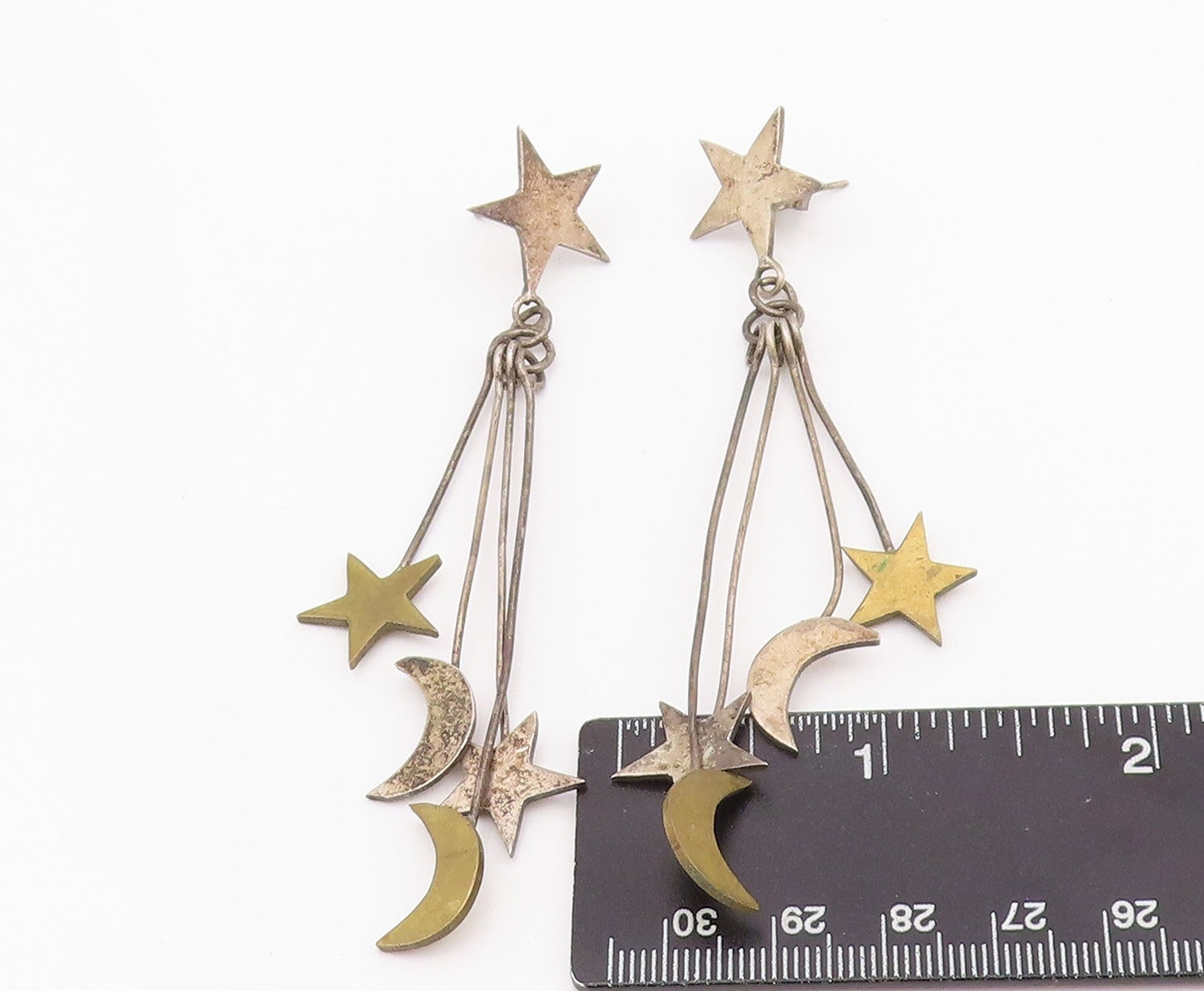 925 Sterling Silver Vintage Earrings Modernist Drop Cutout Moon & Stars  EG13653