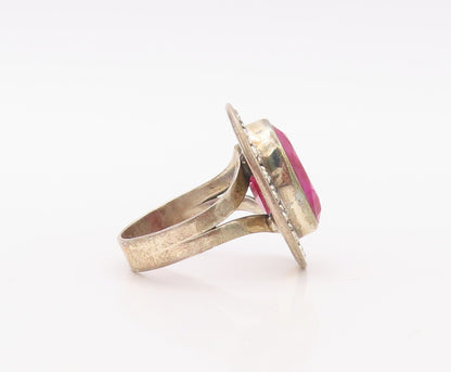 925 Sterling Silver Vintage Ring Oval Pink Gemstone Bead Framed  Sz 9  RG30759