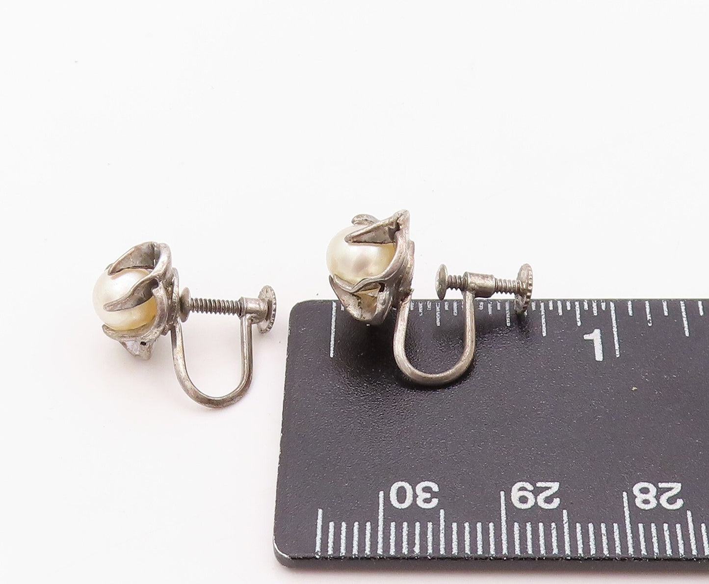 925 Sterling Silver Vintage Earrings Designer Dark Tone Pearl Studs  EG13445