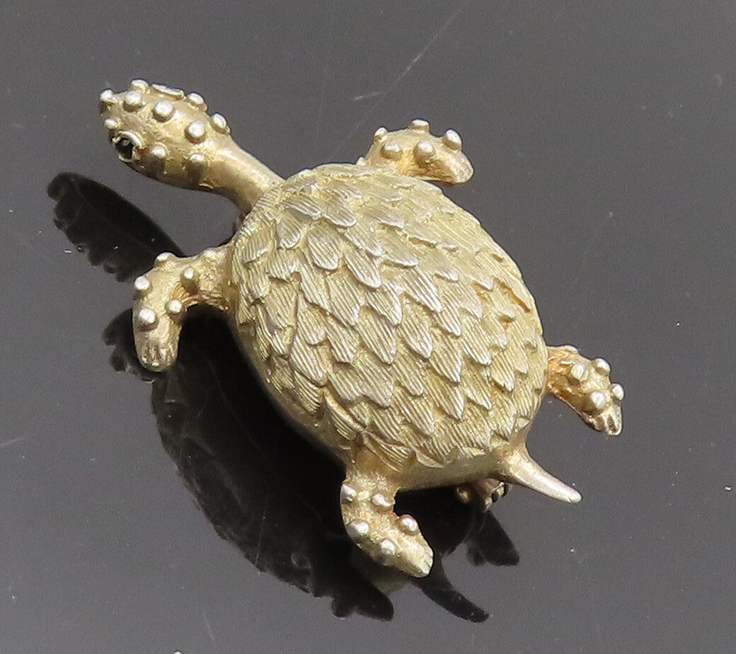 EUROPE 925 Silver  Vintage Gold Plated Carved Beaded Turtle Brooch Pin BP10306