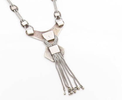 925 Sterling Silver Vintage Necklace Ethnic Geometric Disc & Tassel Chain NE4623