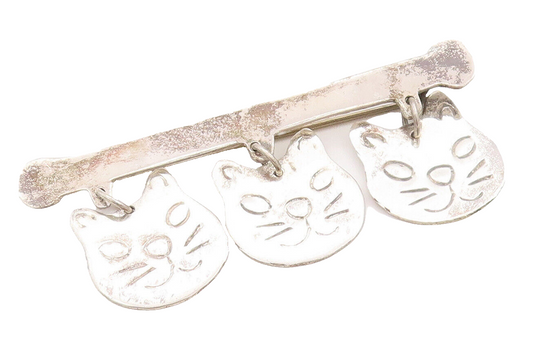 925 Sterling Silver Vintage Brooch Pin Solid Etched Dangling Cat Faces  BP10876