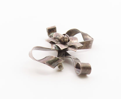 RAFFAELE 925 Silver  Vintage Dark Tone Floral Ribbon Bow Brooch Pin  BP4342