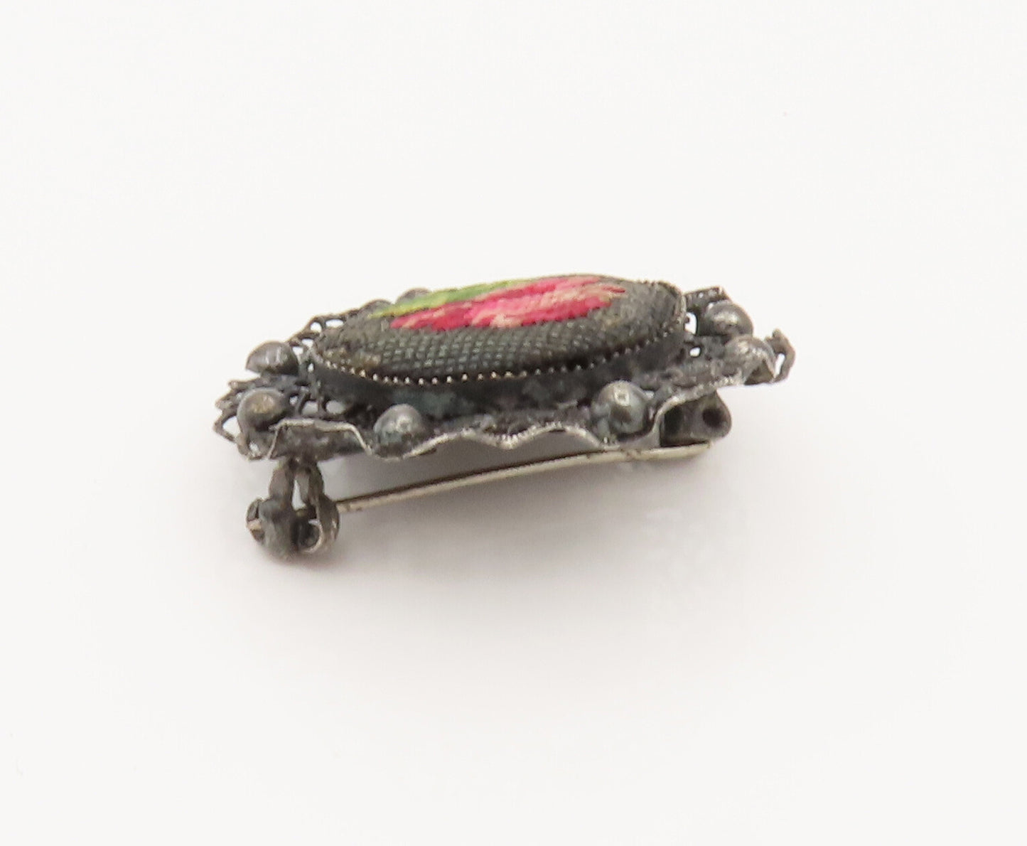 925 Silver  Vintage Beaded & Openwork Knitted Rose Flower Brooch Pin  BP10096
