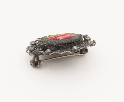 925 Silver  Vintage Beaded & Openwork Knitted Rose Flower Brooch Pin  BP10096