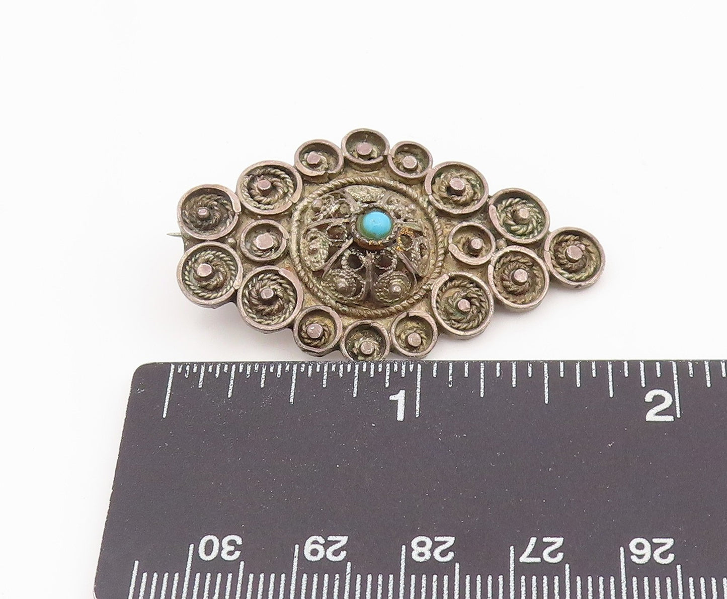 925 Sterling Silver Vintage Brooch Pin ISRAEL Turquoise Intricate Design BP12348