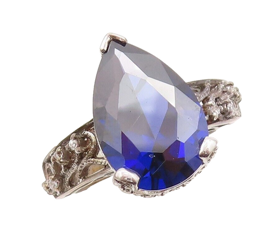 925 Sterling Silver Vintage Ring Sapphire Swirly Carved CZ Inlay  Sz 6  RG29613