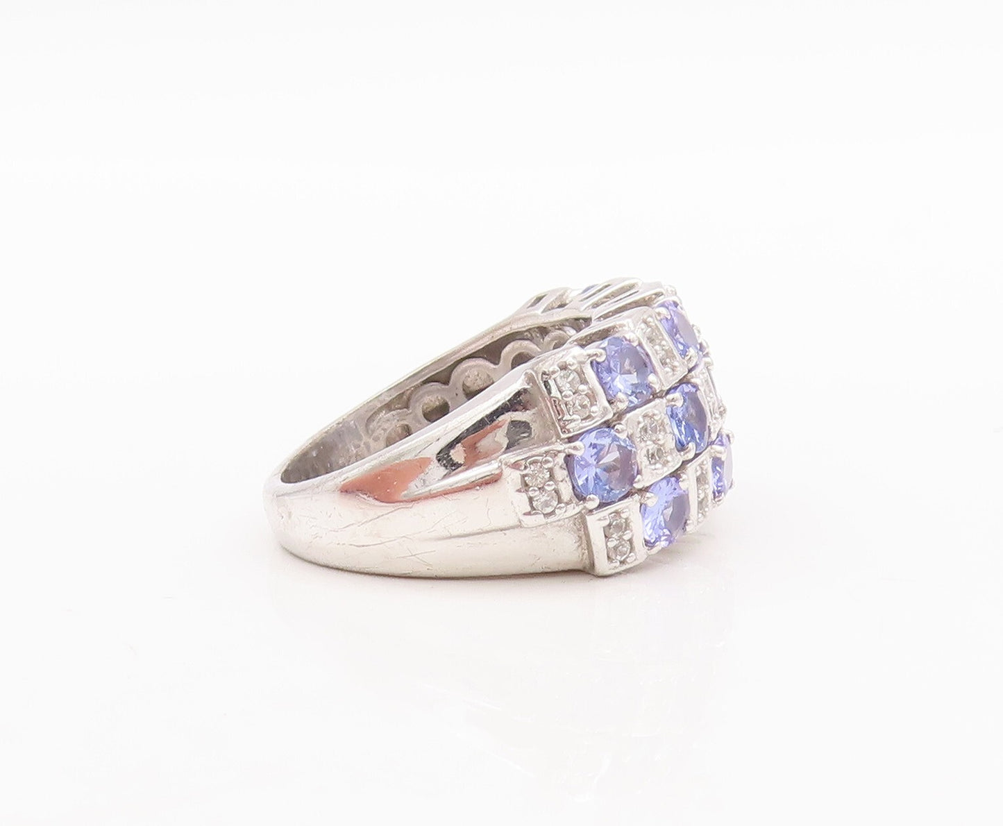 925 Sterling Silver Vintage Ring Box Design Tanzanite & Sapphire Sz 7.5  RG29481