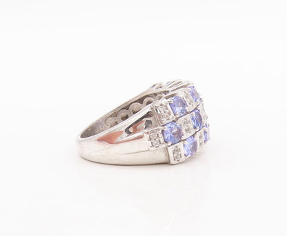 925 Sterling Silver Vintage Ring Box Design Tanzanite & Sapphire Sz 7.5  RG29481