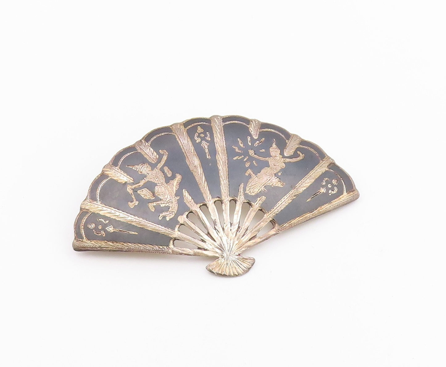 SIAM 925 Sterling Silver  Vintage Niello Enamel Hand Fan Brooch Pin  BP6528