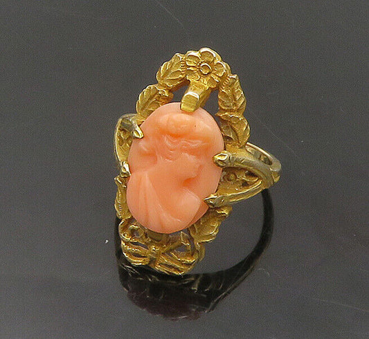 10K GOLD  Vintage Carved Coral Woman Victorian Cocktail Ring Sz 5  GR038