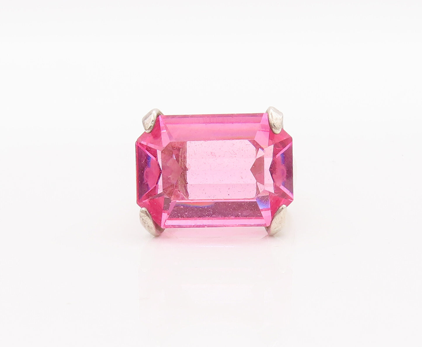 925 Sterling Silver Vintage Ring Large Rectangle Cut Pink CZ  Sz 5.5  RG28305