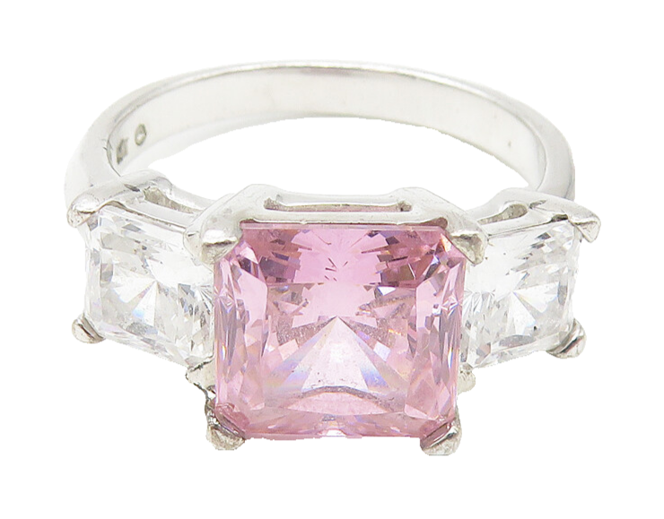 925 Sterling Silver  Pink & White Cubic Zirconia Shiny Band Ring Sz 6  RG11181