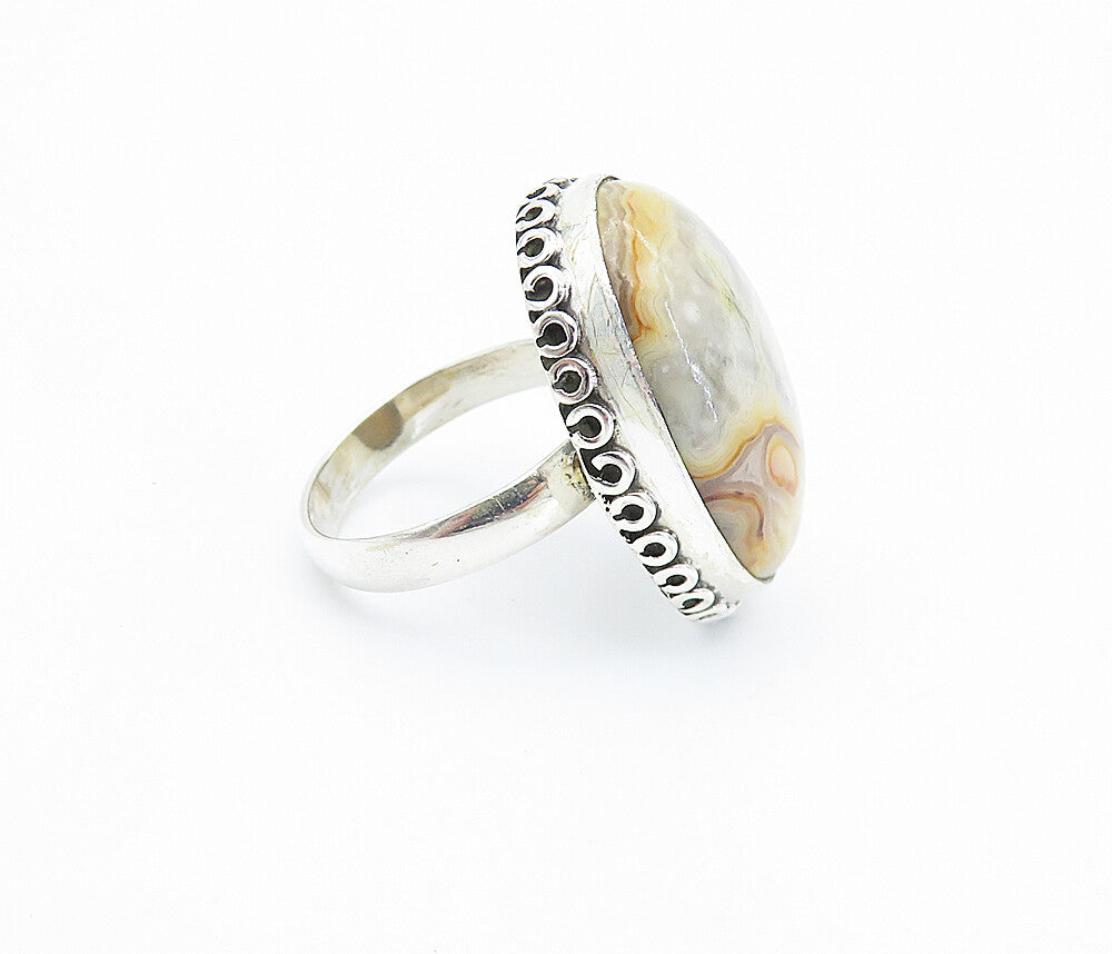 925 Sterling Silver  Cabochon Cut Brown Agate Shiny Cocktail Ring Sz 7  RG7799