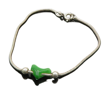 925 Sterling Silver  Green Stone Dolphin Charmed Snake Chain Bracelet  BT6363