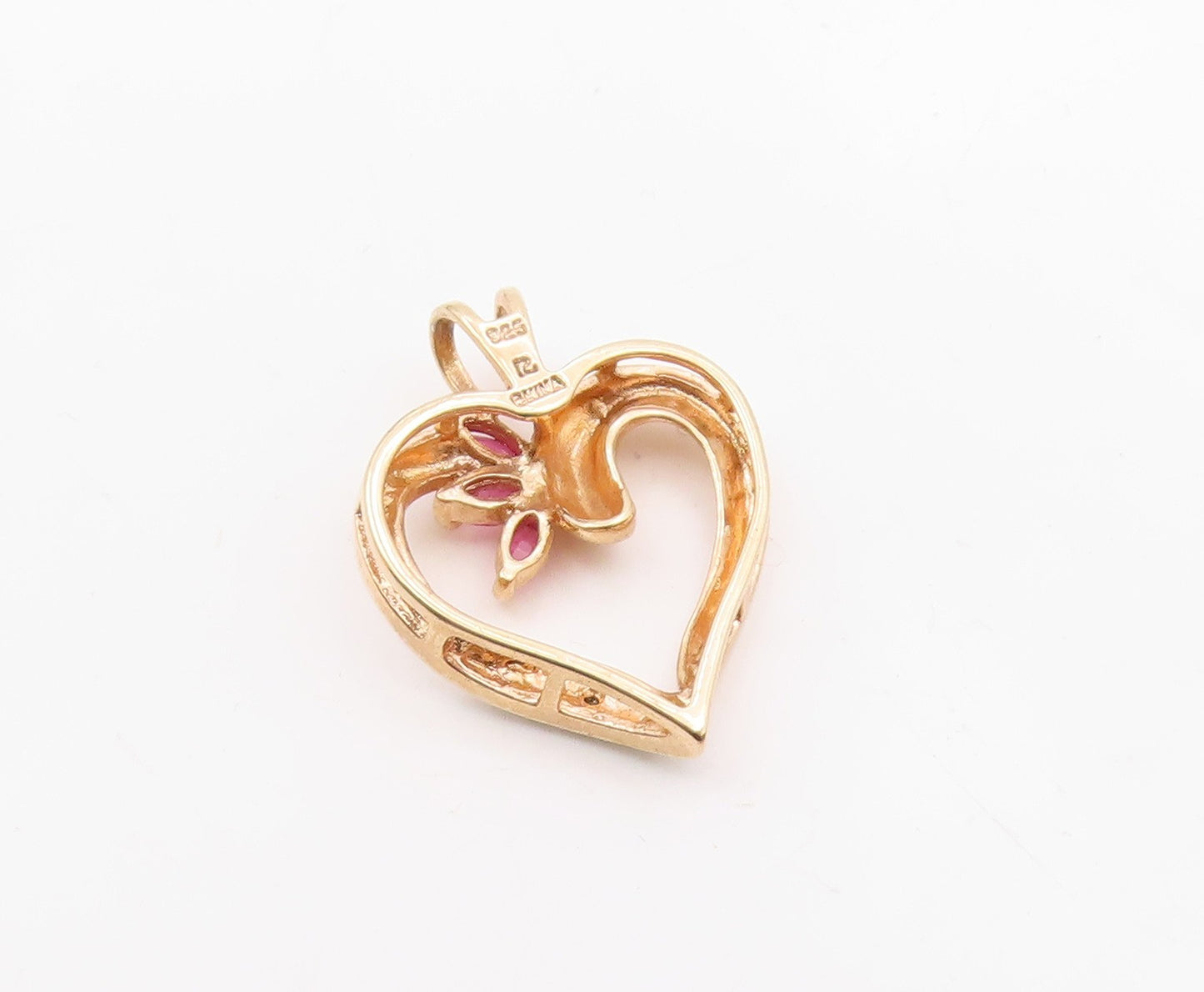 925 Silver  Vintage Genuine Diamond & Ruby Open Love Heart Pendant  PT15686