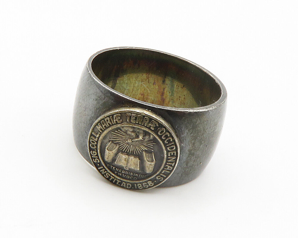 925 Sterling Silver  Vintage Dark Tone Petite Emblem Band Ring Sz 4  RG14806