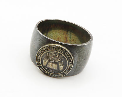 925 Sterling Silver  Vintage Dark Tone Petite Emblem Band Ring Sz 4  RG14806
