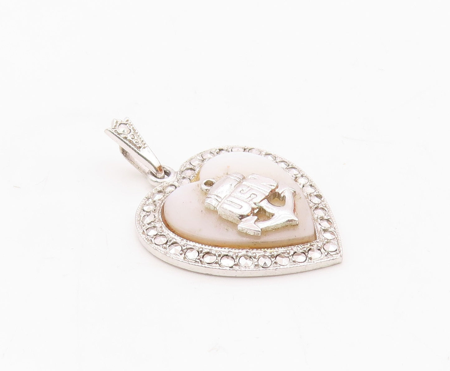 THEDA 925 Sterling Silver  Vintage Mother Of Pearl US Navy Pendant  PT19989